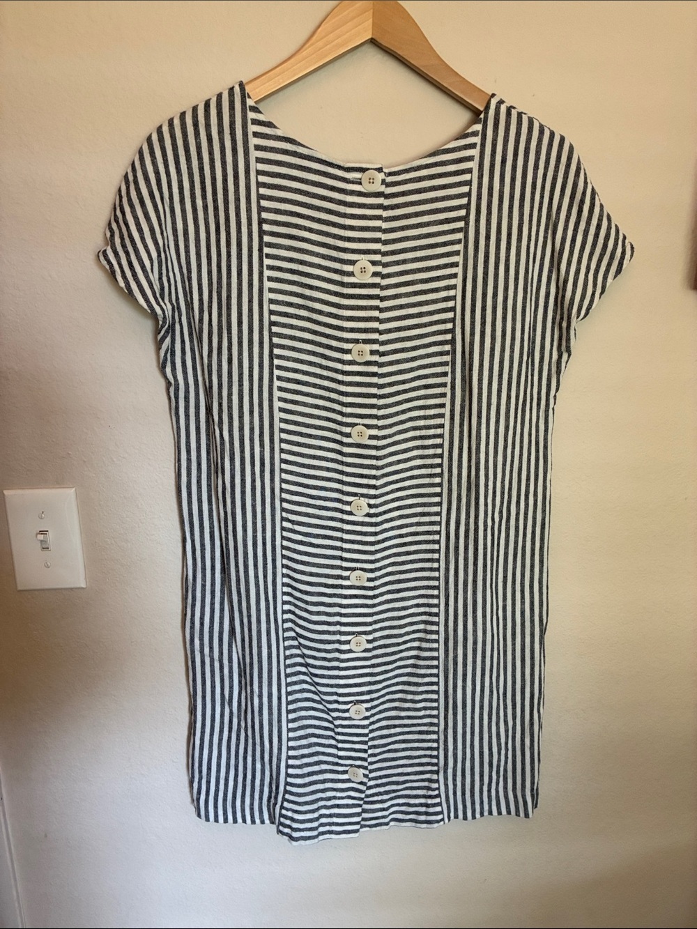Madewell Stripe-Play Button-Back Linen Blend Shift Mini Dress S